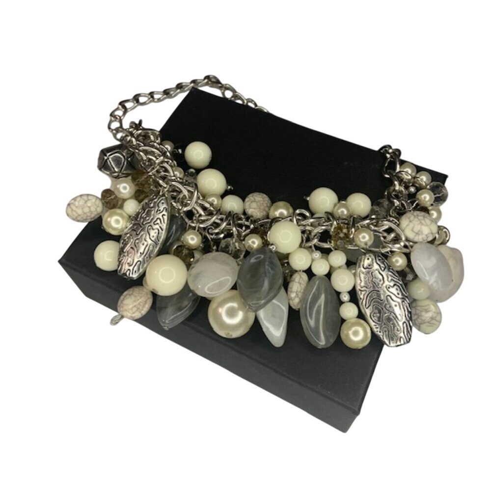 Chunky Multi-Strand Statement Necklace Ivory Pearl Silver Charms Bridal Boho